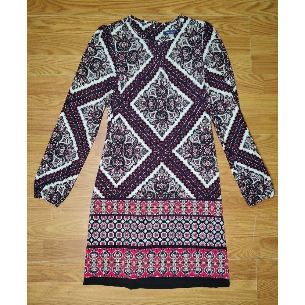 Tommy Hilfiger Womens Geometric Paisley A-Line Dress Long Bell Sleeve Size 2